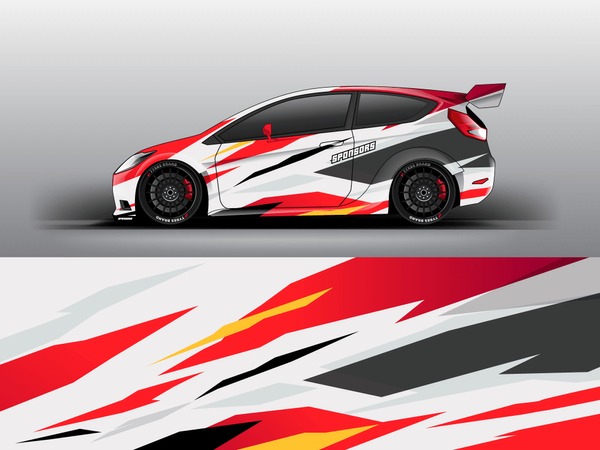 rally racing car wrap decal and sticker design red white yellow. racing line strips