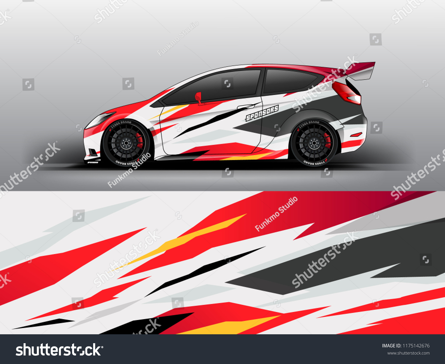 rally racing car wrap decal and sticker design red white yellow. racing line strips