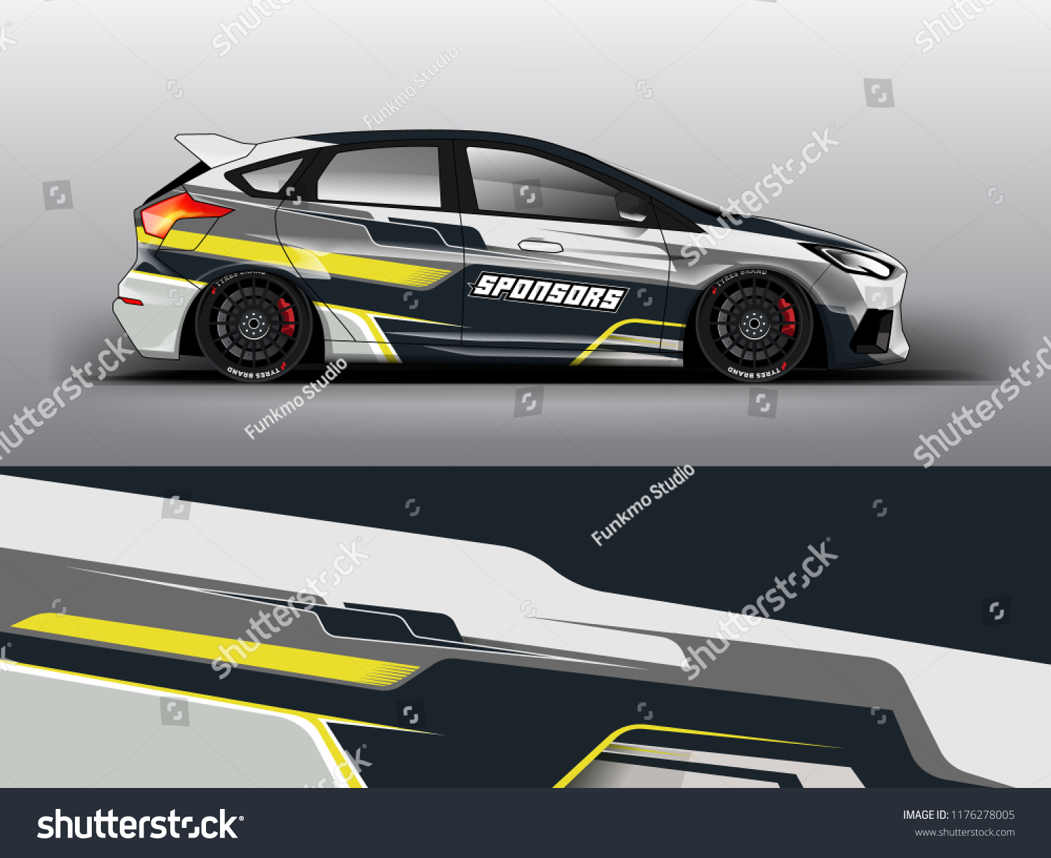 Orange theme Racing car wrap design template. vector eps10. sedan hatchback racing and dirt car sticker decal and wrap.