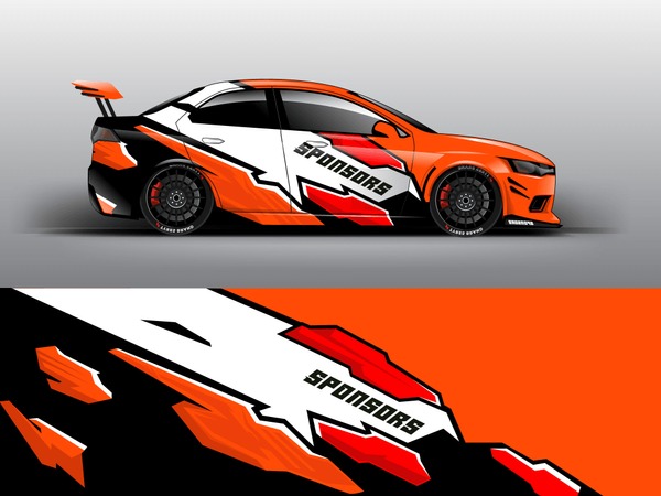 Orange theme Racing car wrap design template. vector eps10. sedan hatchback racing and dirt car sticker decal and wrap.