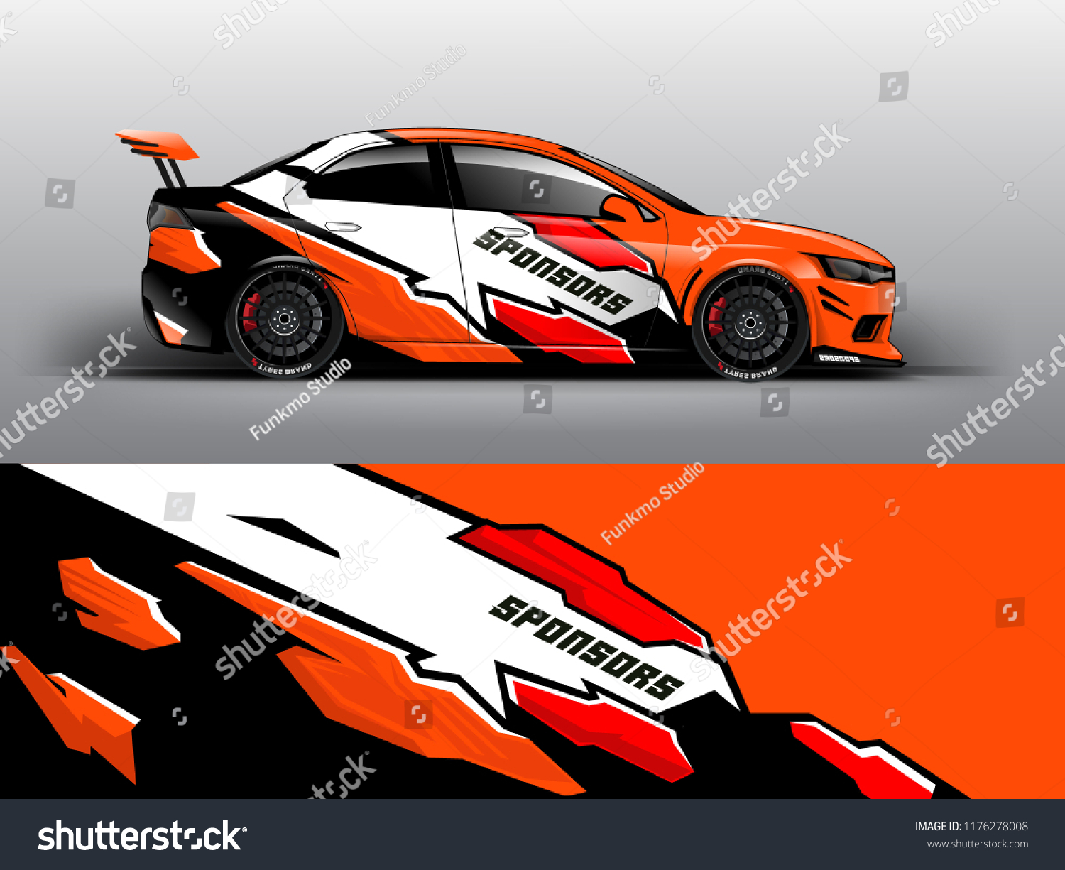 Orange theme Racing car wrap design template. vector eps10. sedan hatchback racing and dirt car sticker decal and wrap.