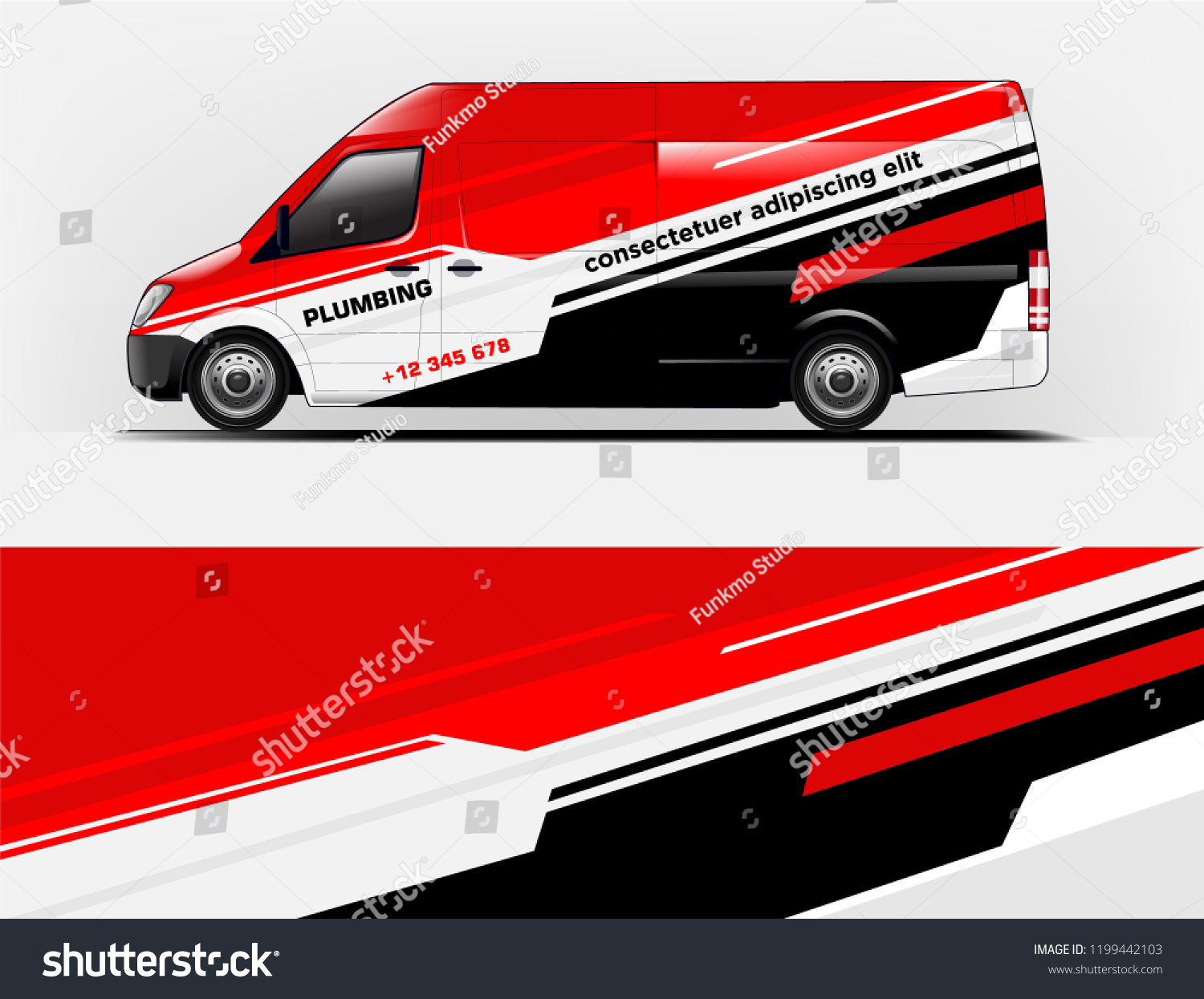 Company branding van decal wrap design vector. Graphic livery background kit designs company van