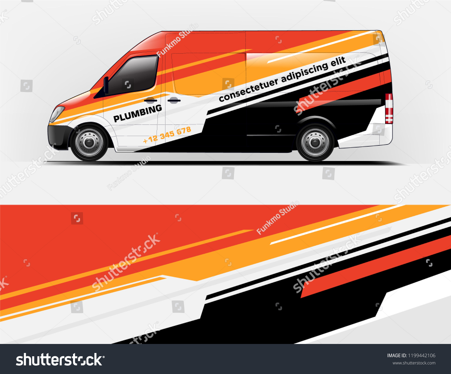 Company branding van decal wrap design vector. Graphic livery background kit designs company van