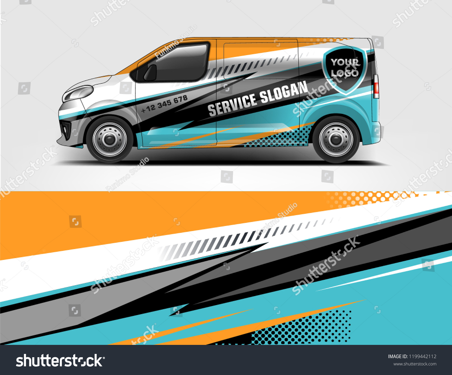 Company branding van decal wrap design vector. Graphic livery background kit designs company van
