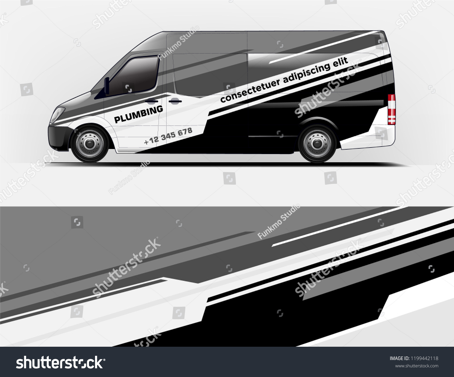 Company branding van decal wrap design vector. Graphic livery background kit designs company van
