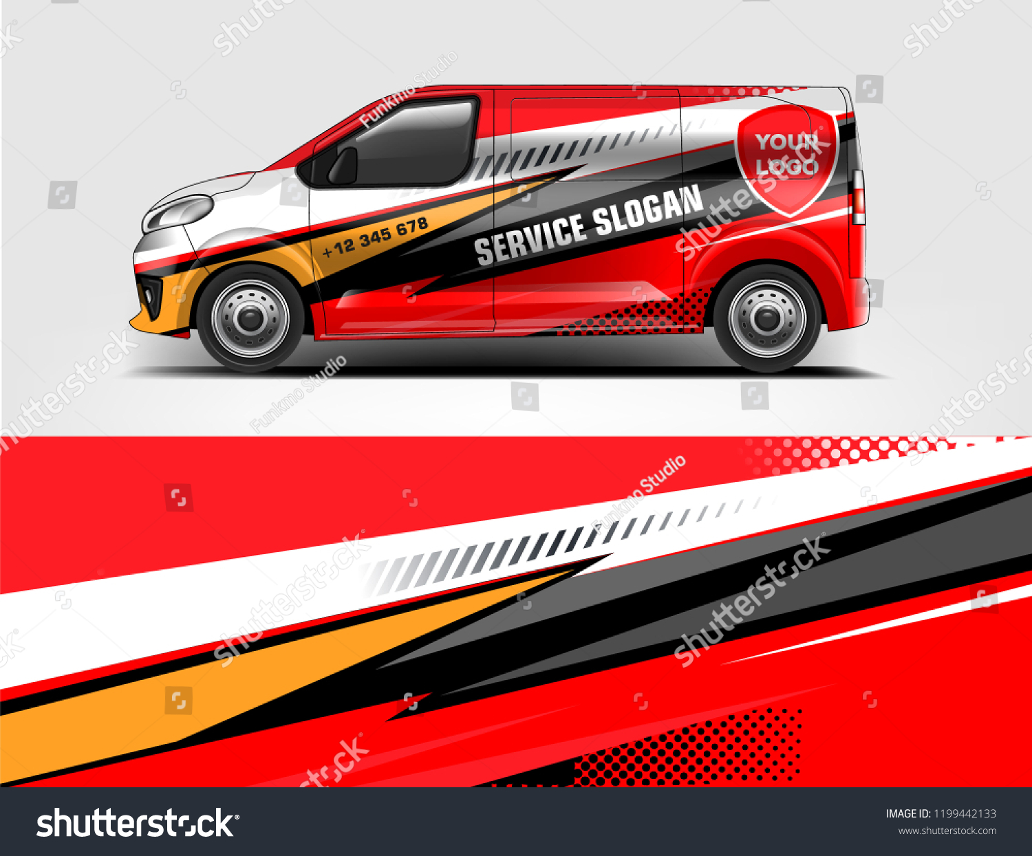 Company branding van decal wrap design vector. Graphic livery background kit designs company van