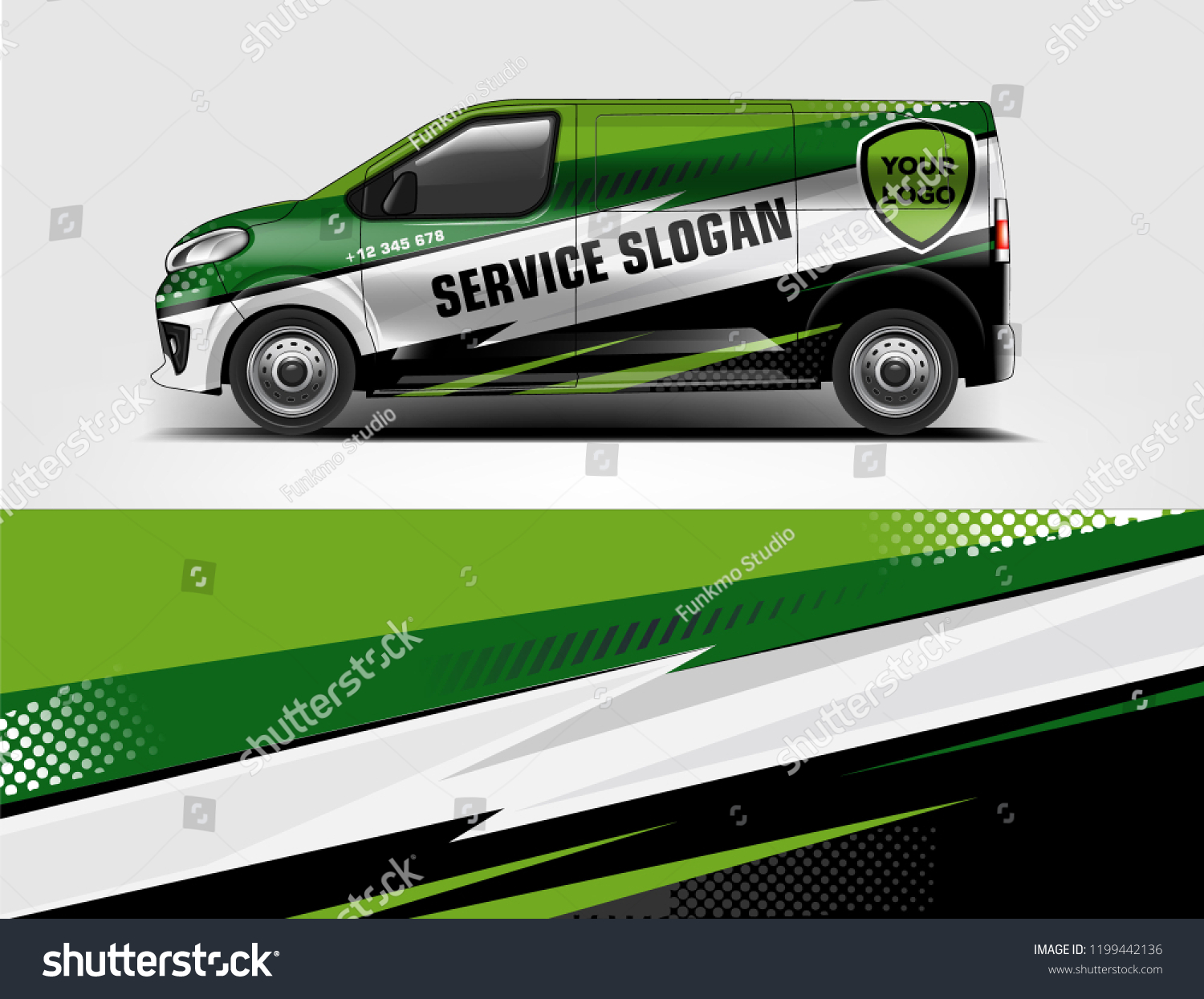 Company branding van decal wrap design vector. Graphic livery background kit designs company van