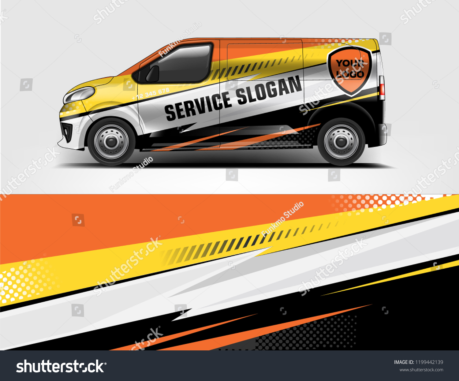 Company branding van decal wrap design vector. Graphic livery background kit designs company van