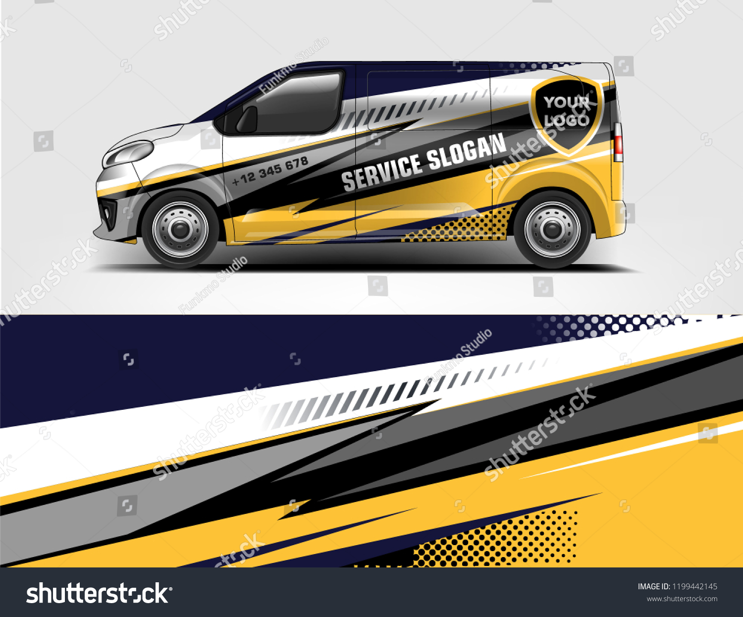 Company branding van decal wrap design vector. Graphic livery background kit designs company van
