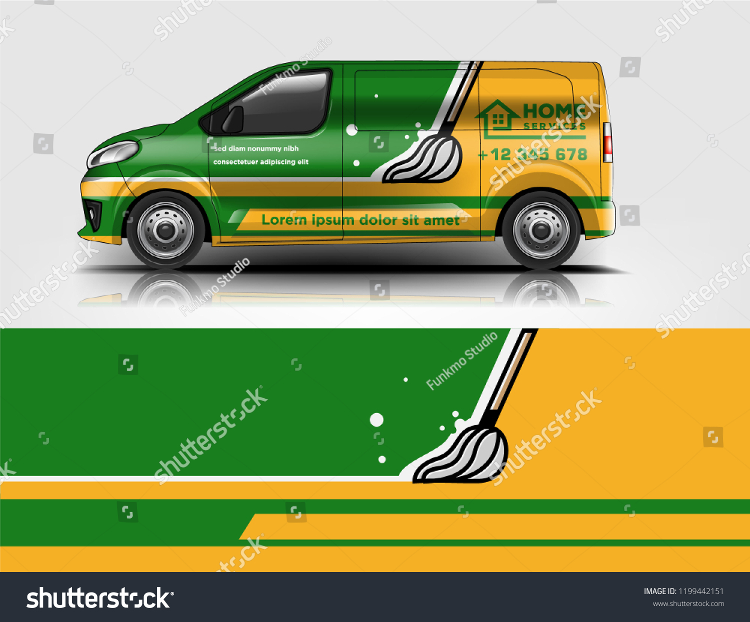 Company branding van decal wrap design vector. Graphic livery background kit designs company van