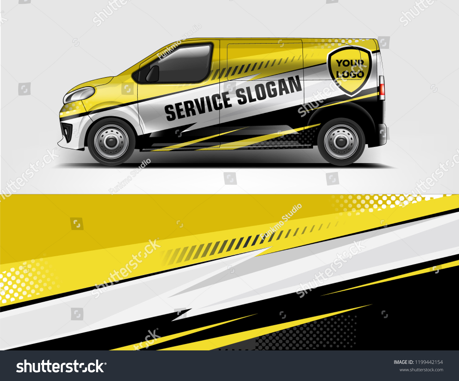 Company branding van decal wrap design vector. Graphic livery background kit designs company van