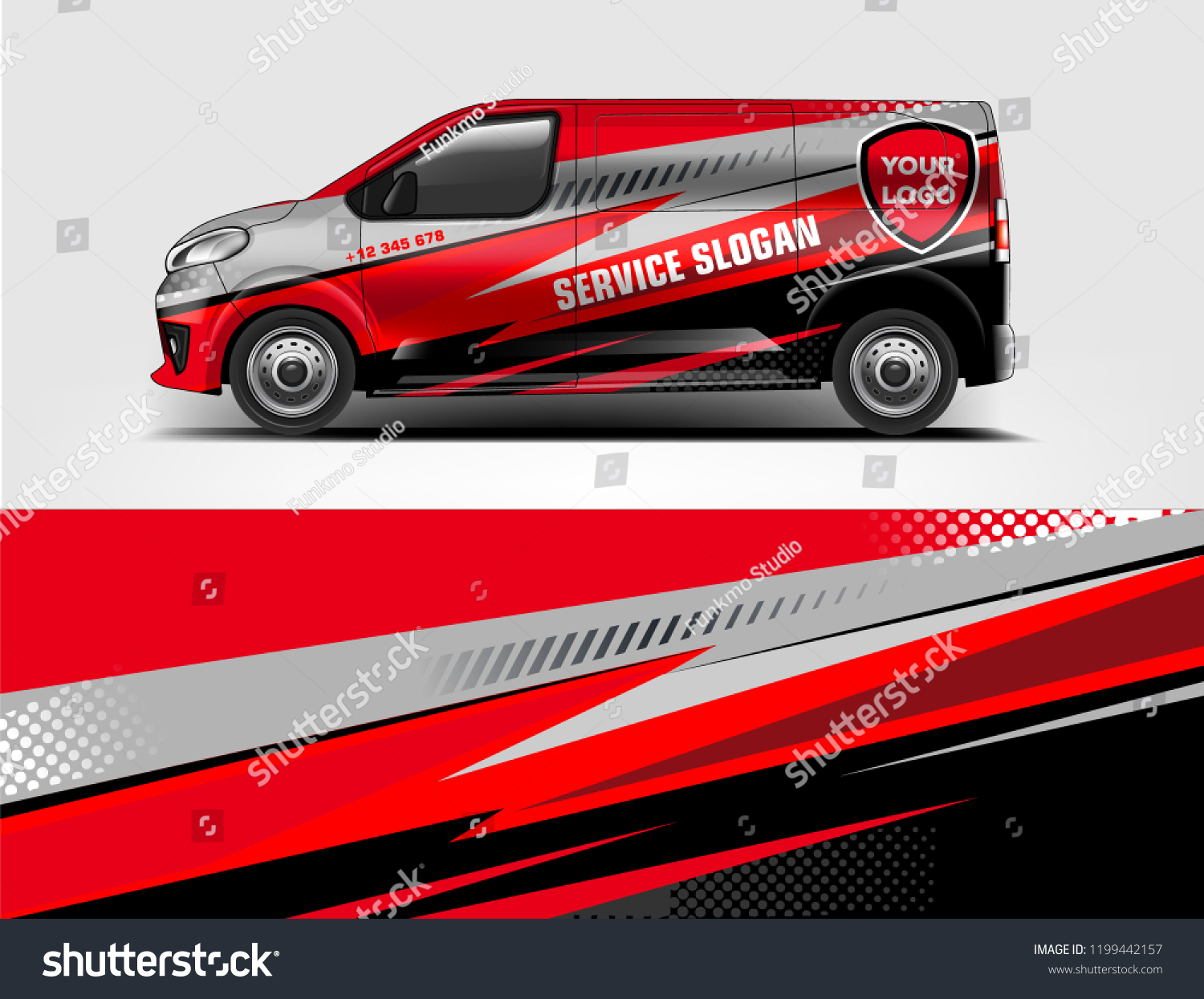 Company branding van decal wrap design vector. Graphic livery background kit designs company van