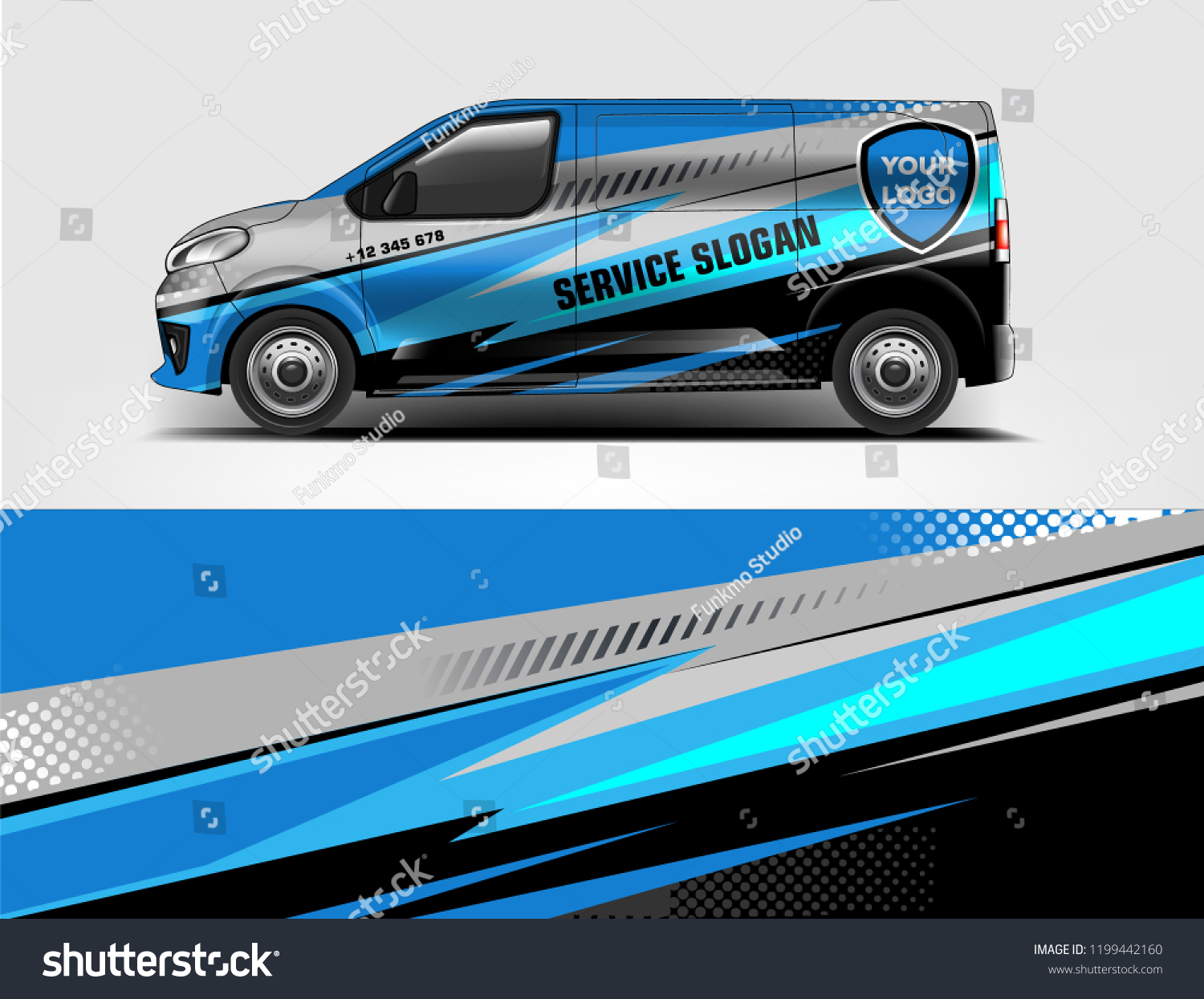 Company branding van decal wrap design vector. Graphic livery background kit designs company van
