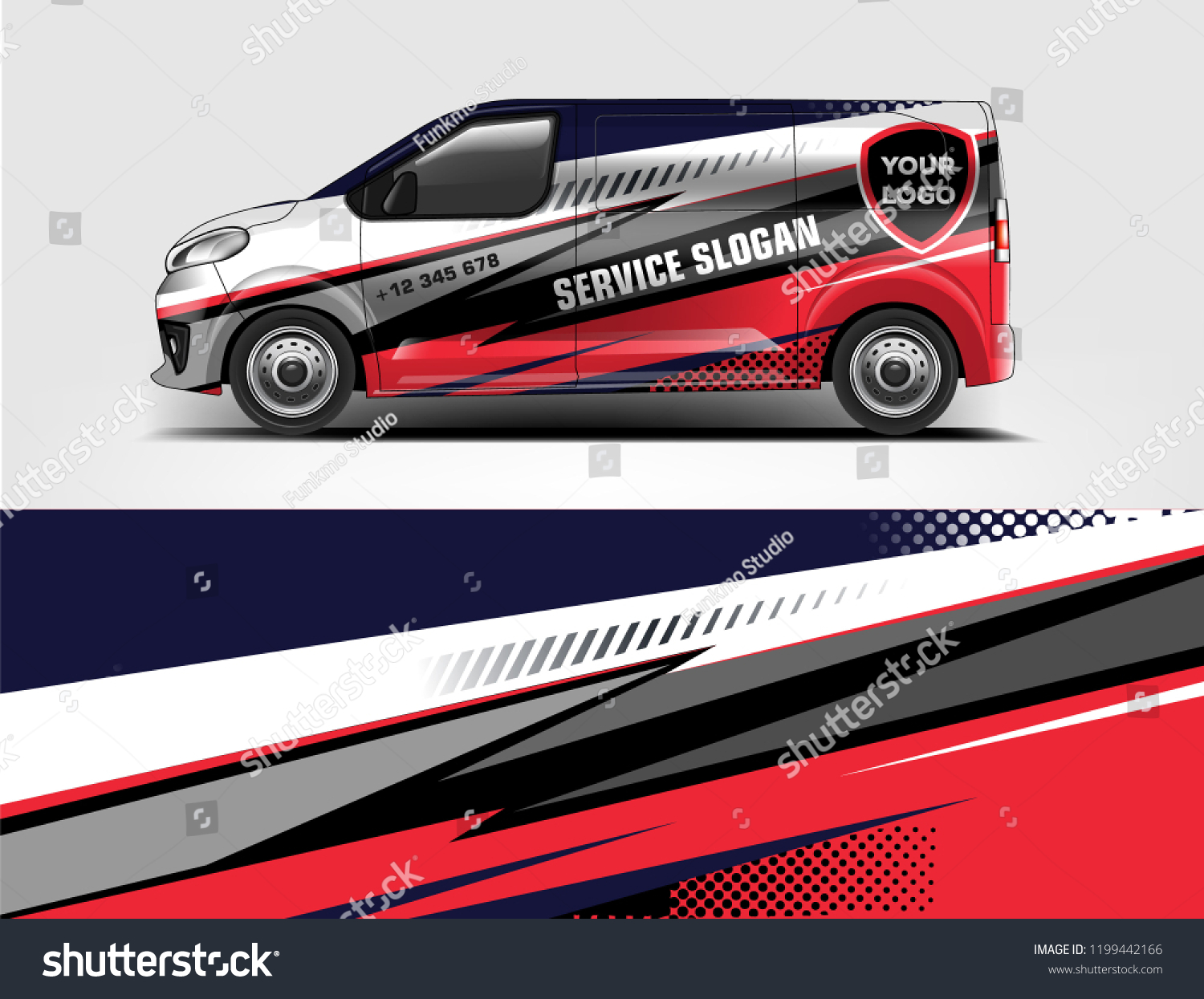 Company branding van decal wrap design vector. Graphic livery background kit designs company van