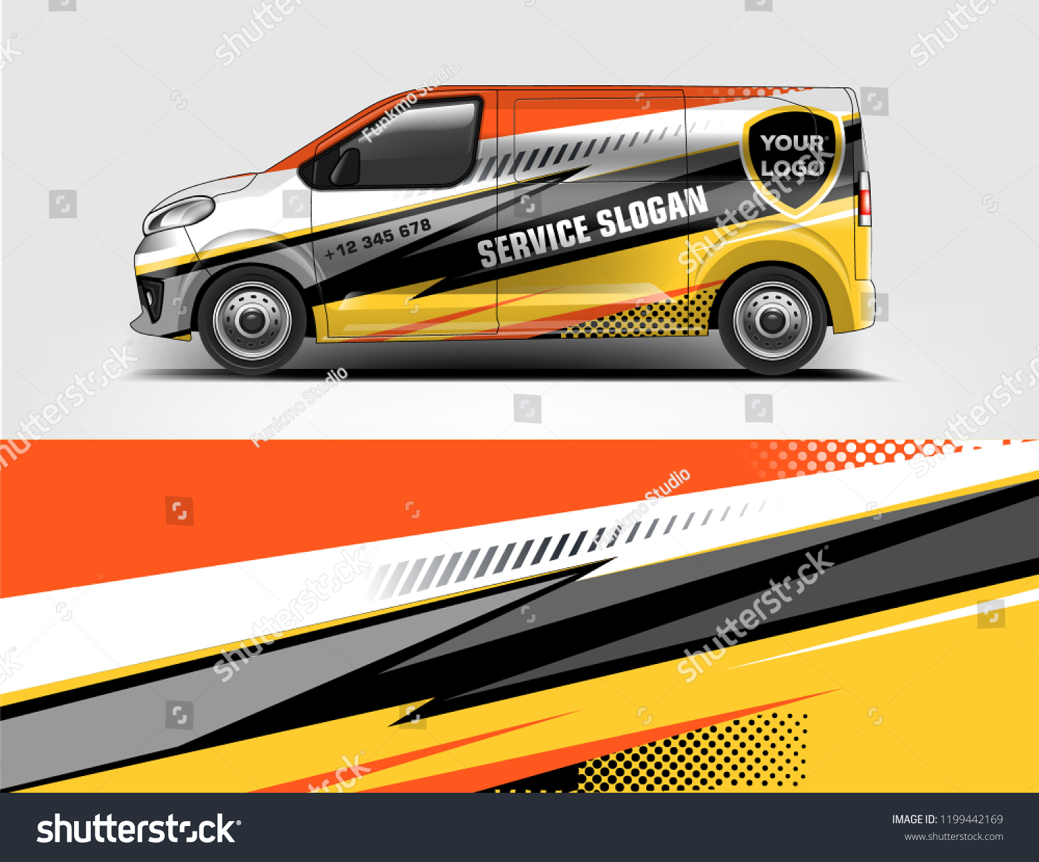 Company branding van decal wrap design vector. Graphic livery background kit designs company van