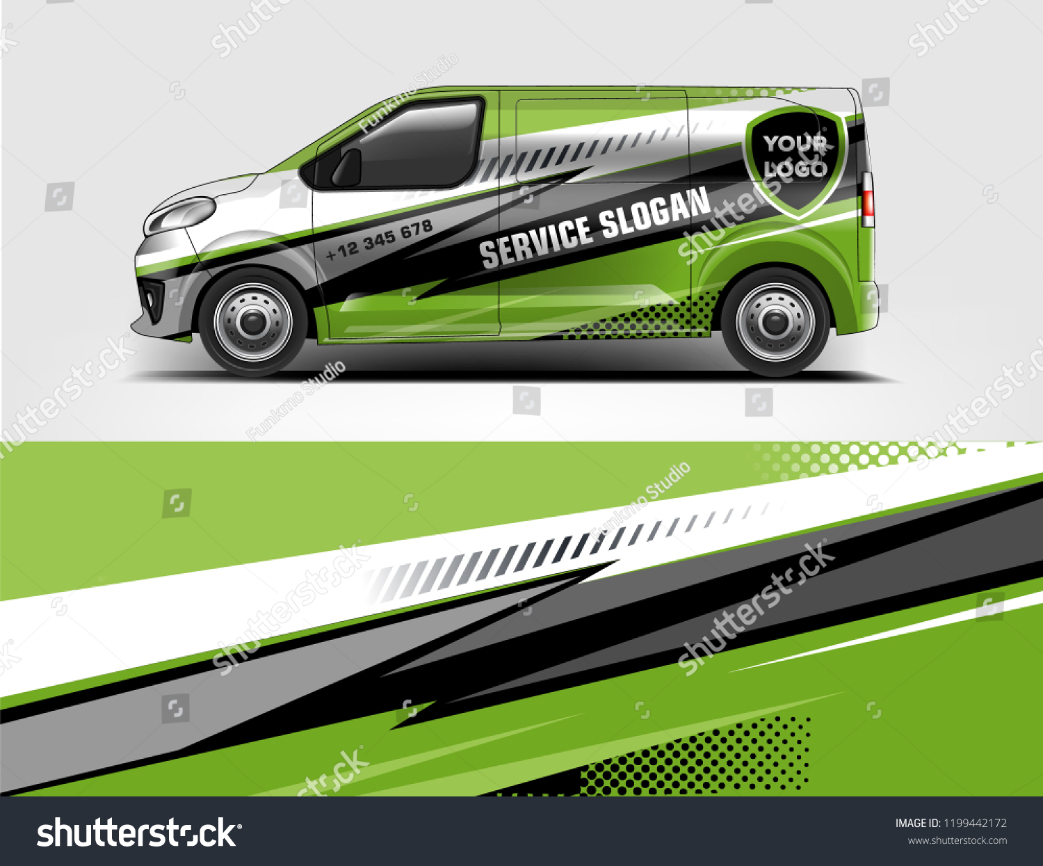 Company branding van decal wrap design vector. Graphic livery background kit designs company van